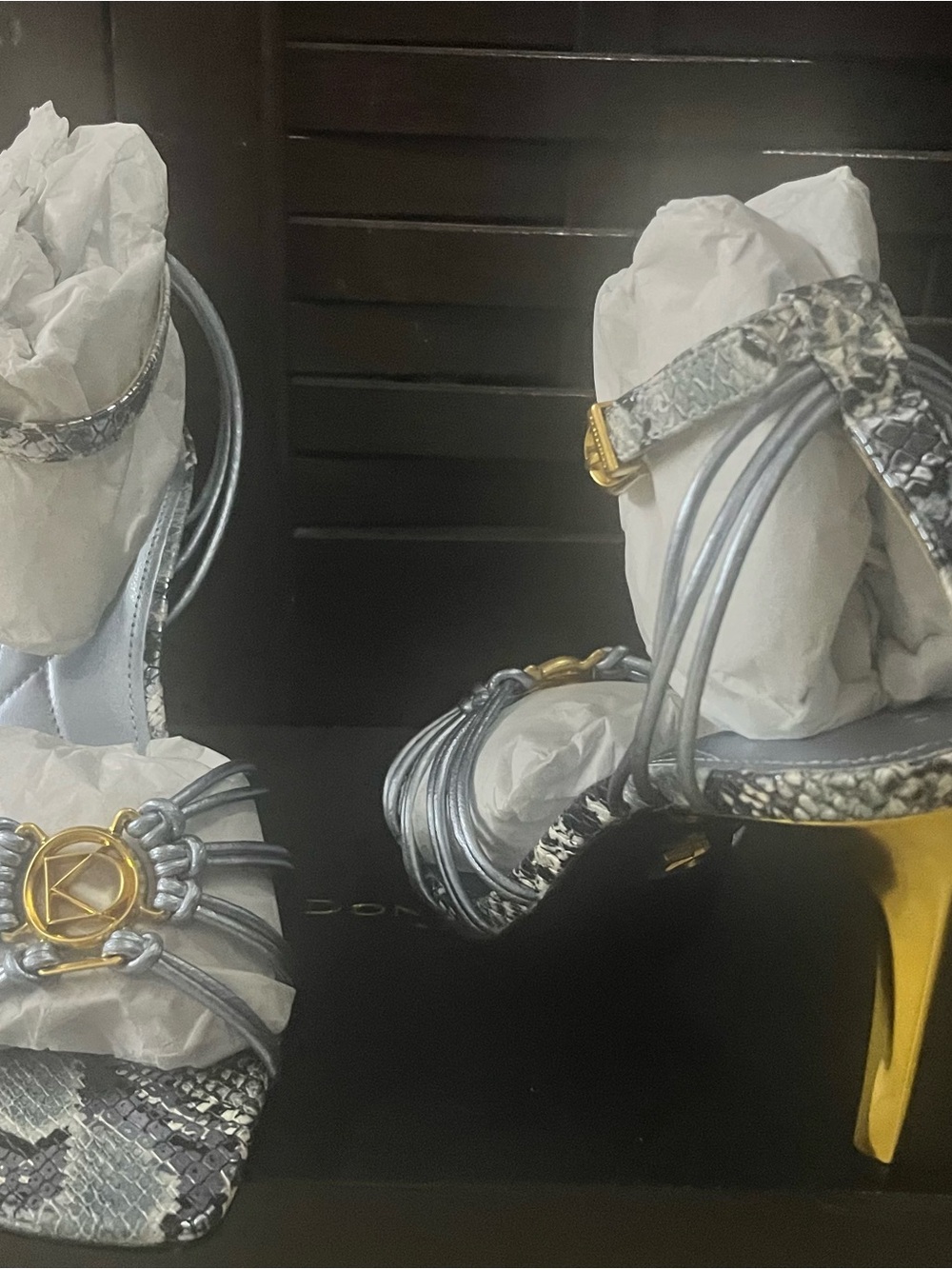 Metallic Light Blue Strappy High Heel Sandal with Gold Accent - Picture 2 of 5